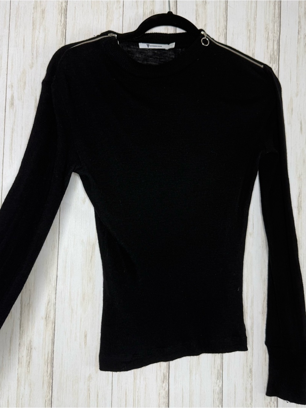 Alexander Wang Black Long Sleeve Zip-Shoulder Top